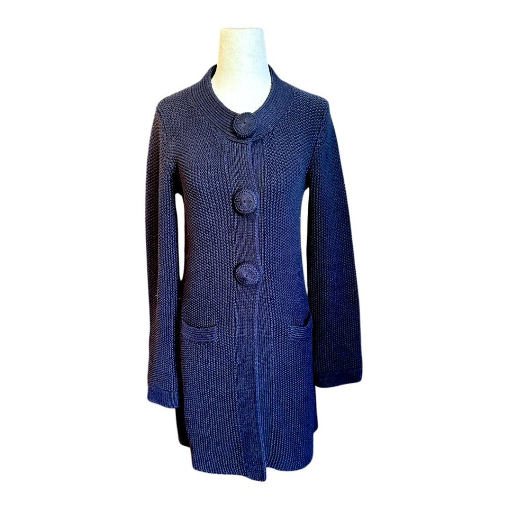 Boden Heavy Crochet Button Cardigan 100% Cotton Duster Chunky Knit in Navy